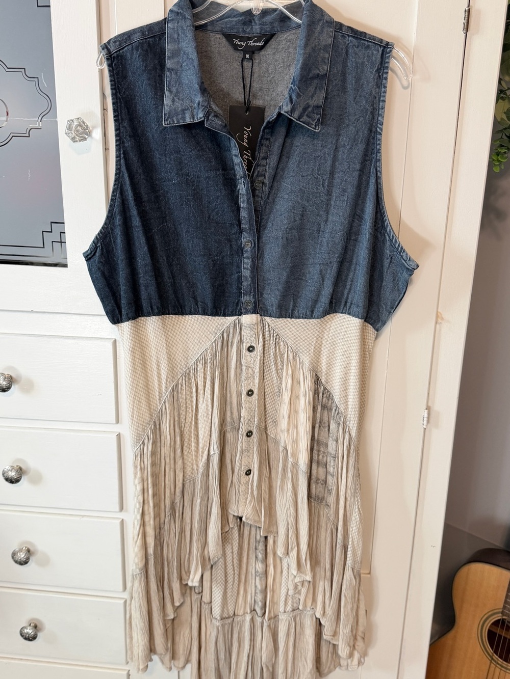 Young threads - boho- blue Denim-Top High-Low Dress with Cream Tiered Skirt